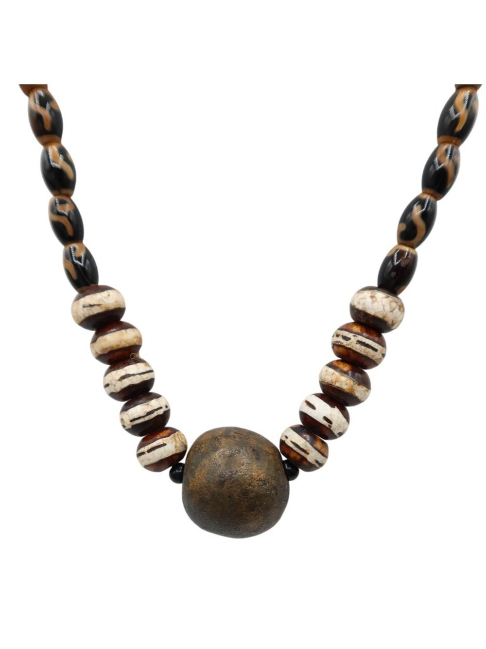 Vintage Brass & Painted Wood Bead Toggle Necklace Boho Tribal Hippie Unsigned